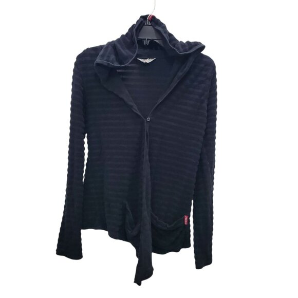 Hard Tail Sweaters - Hard Tail Forever Y2K Women's Black Terry Stripe Asymmetrical Hooded Cardigan M